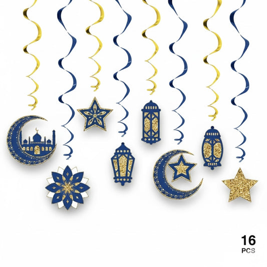 Ramadan & Eid Spiral Hanging Decorations – Blue & Gold (16 pcs)
